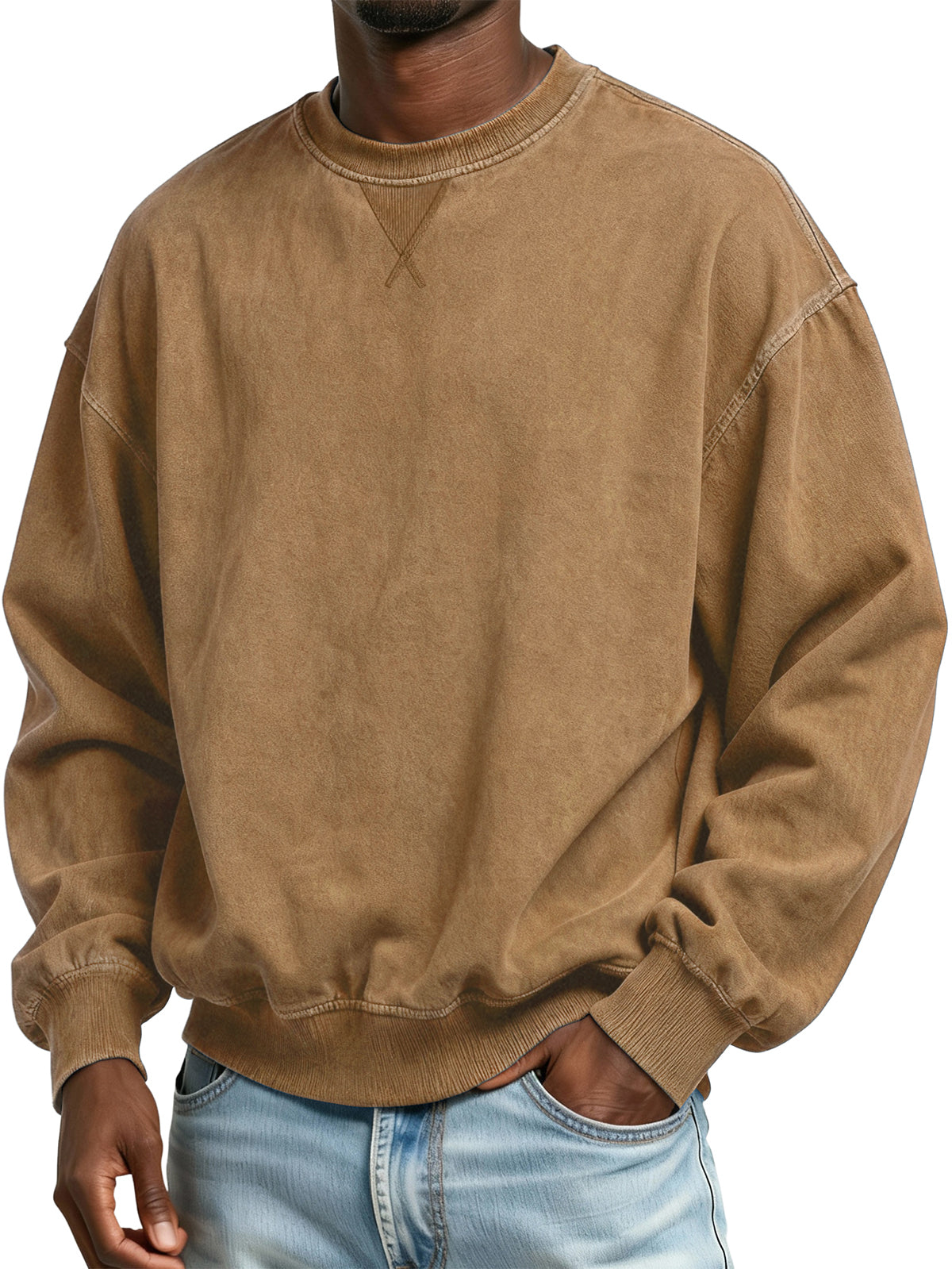 Men's 100% Cotton Retro Casual Washed Distressed Crew Neck Long Sleeve Sweatshirt